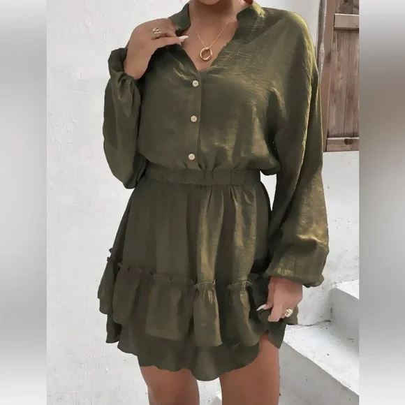 Lantern Sleeve Ruffle Hem Dress - Picture 3 of 10